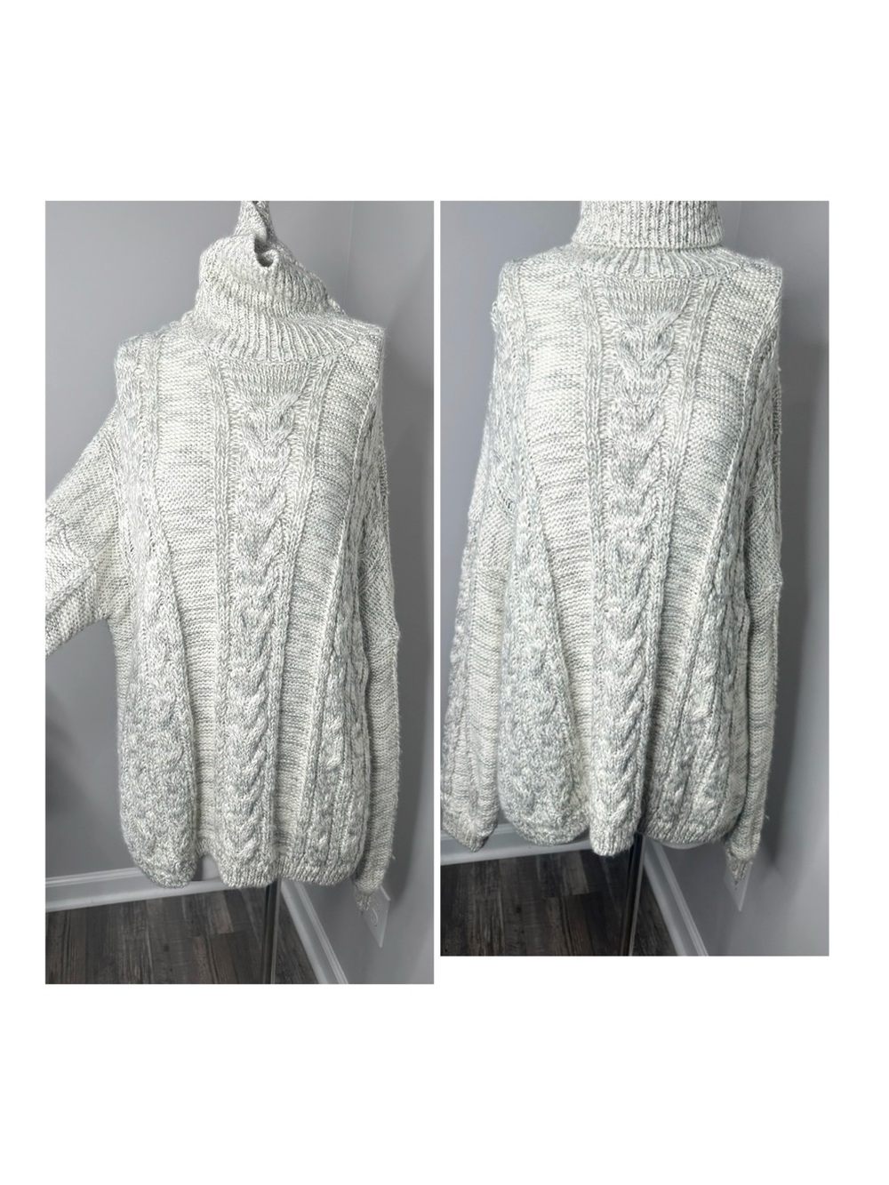 POL Cable Knit Turtleneck Sweater - Light Gray- Large